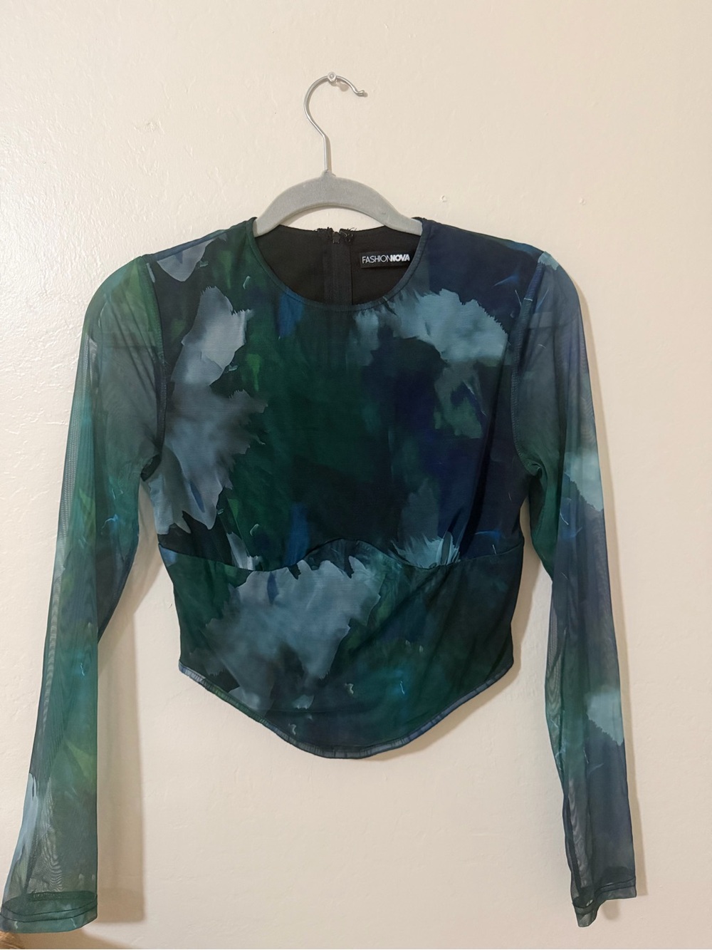 Fashion Nova Green Multi Watercolor Mesh Long Sleeve Top - Picture 4 of 5